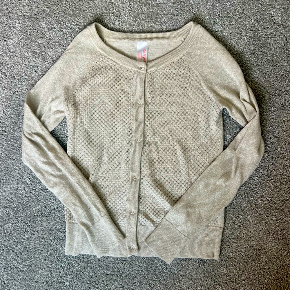 Cat & Jack Girls L (10/12) Light Tan Knit Button Up Cardigan with Clear Buttons